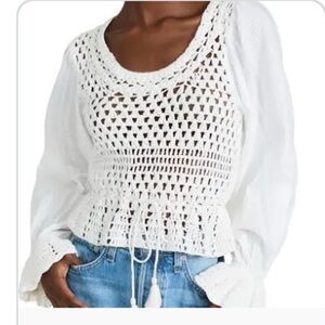 Free People Cream Cropped Tie Front Blouse